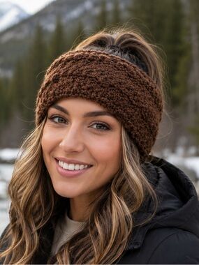 Pugs-  Brown Knit Headband Fleece Lined Ear Warmer